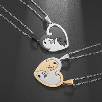 Stainless Steel Heart Shape Hug Pet Cat Pairing Exquisite Couple Necklace Fashion Men Women Jewelry Gift