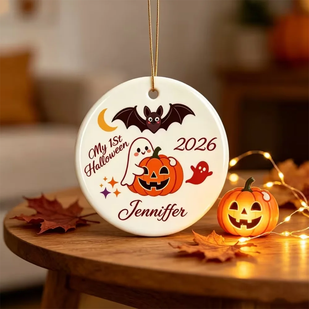 Personalized Halloween Ceramic Ornament Custom Name and Year Adorable Pumpkin Ghost Hang Decor for Pet Lovers Birthday Presents
