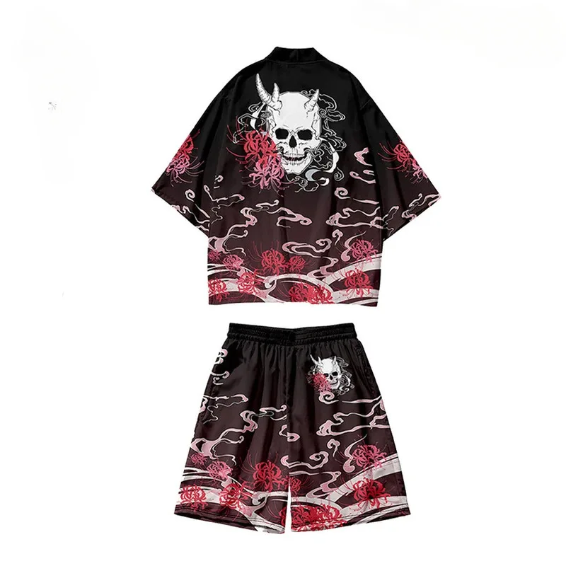 Traditional Clothing for Men and Women, Casual, Ruth, Black Skeleton Print, Kimono, Beach, Streetwear, Samurai