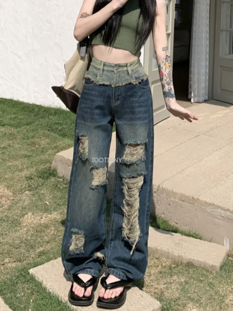 

2024 Summer Gothic Loose Trouser Women High Waist Street Retro Design Sense Of Broken Holes Raw Edge Jeans Wide-legged Trousers