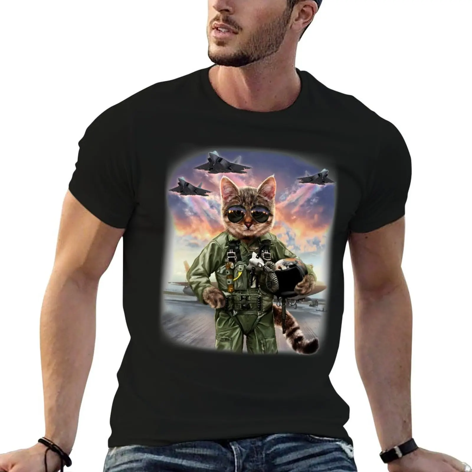 Cat as Air Force Jet Fighter Pilot T-Shirt Christmas Theme Tee Top