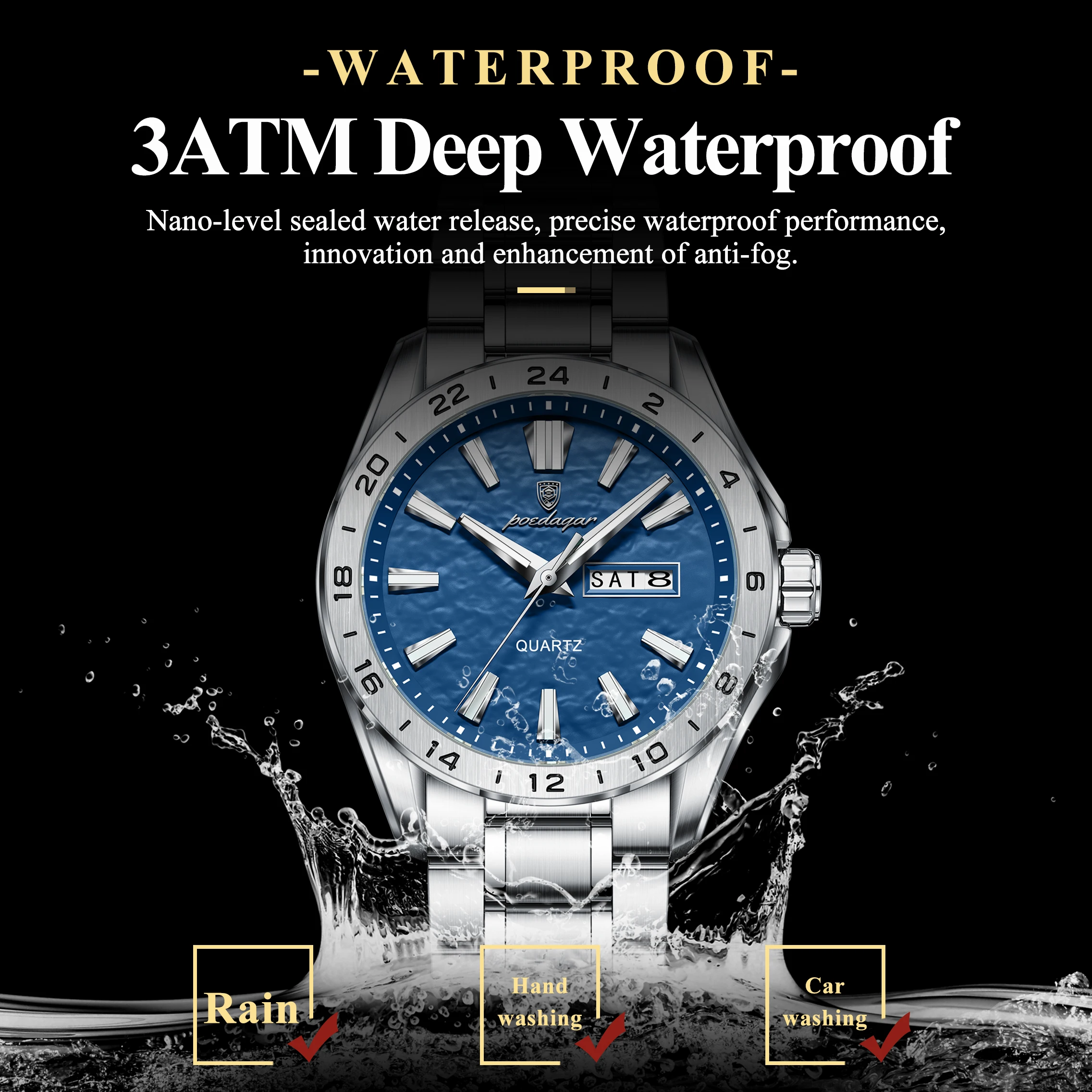 POEDAGAR Top Fashion Man Watch Waterproof Luminous Business Men's Wristwatch Week Date Quartz Sport Watches For Men Reloj Hombre