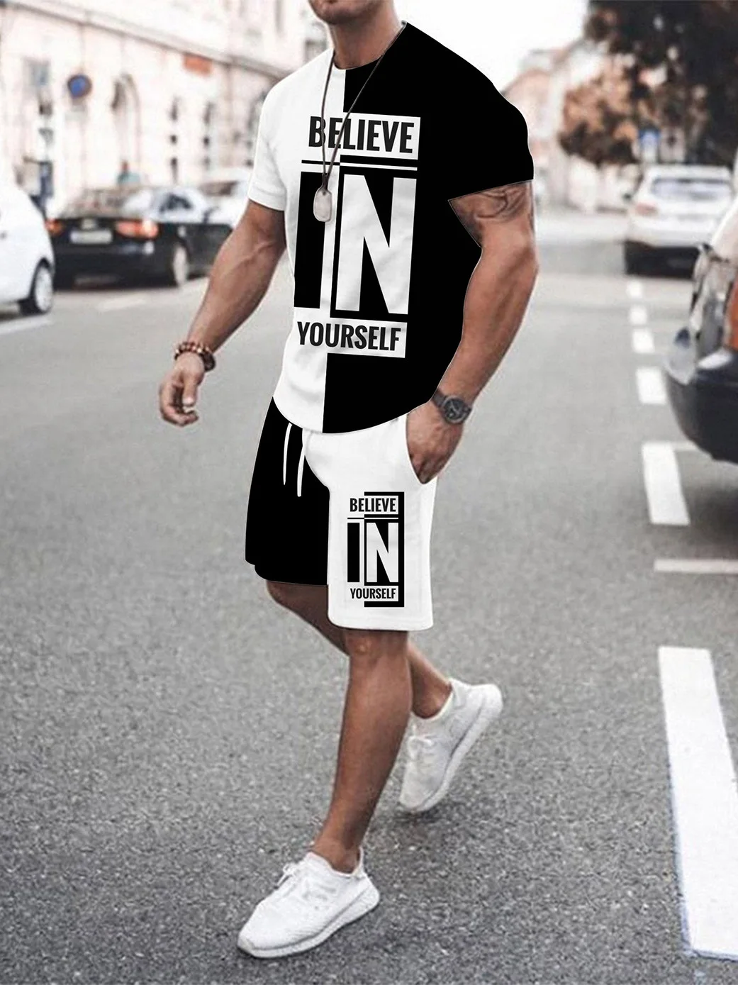 

Комплект из 3D-печатной футболки и шорт для мужчин: повседневная спортивная одежда, летняя мода для подростков, другие материалы, 100%