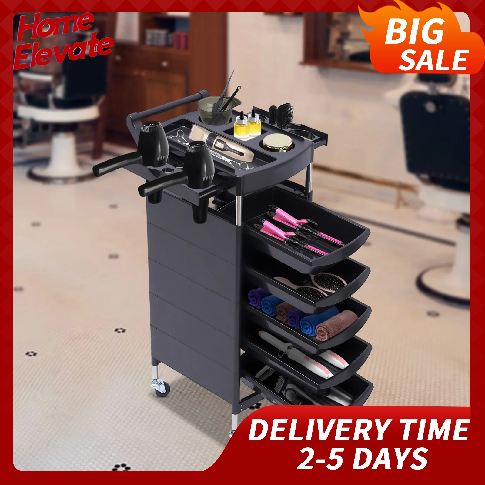 

5 Drawer Salon Trolley Cart with Hair Dryer Holder Mobile Beauty Storage Organizer Rolling Cabinet Barber Shop Home Hospital Use
