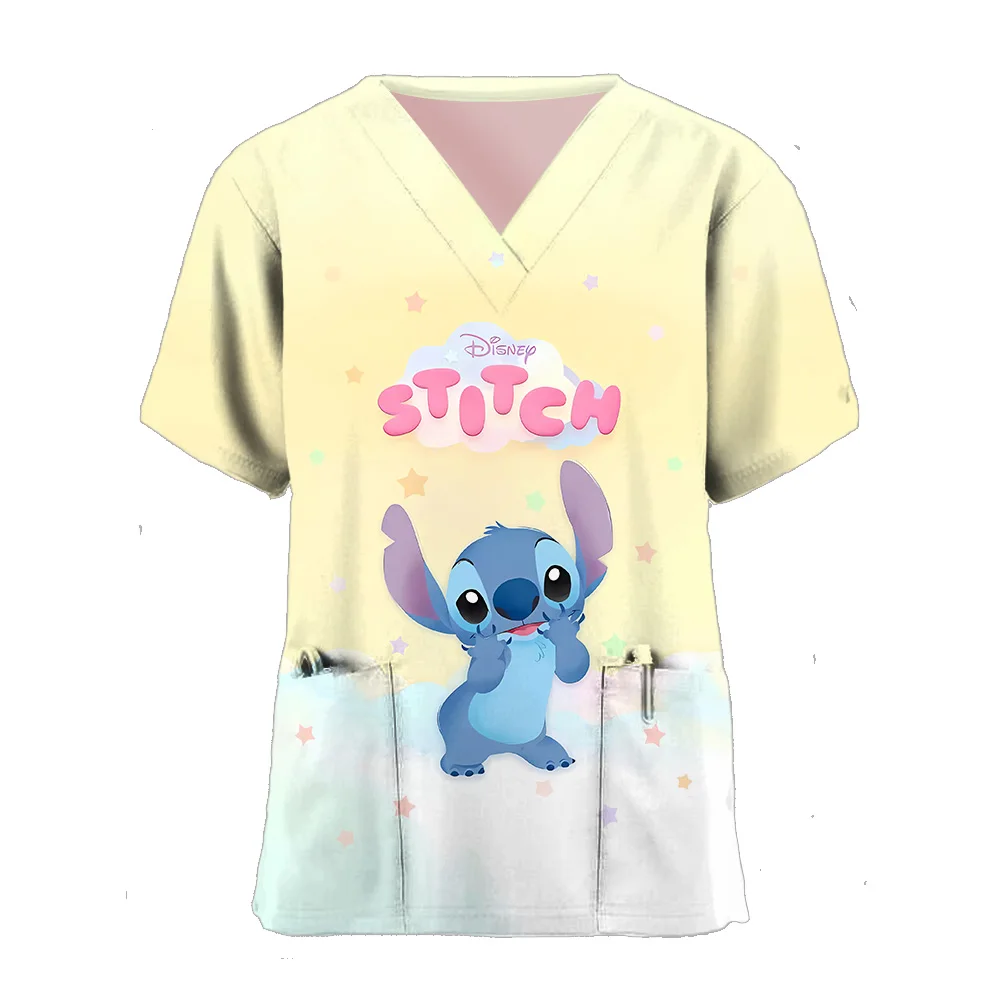 T-shirt tascabile da donna manica corta abbigliamento ospedaliero estate Disney Stitch T-shirt con scollo a V uniforme da infermiera T-shirt Cartoon Top