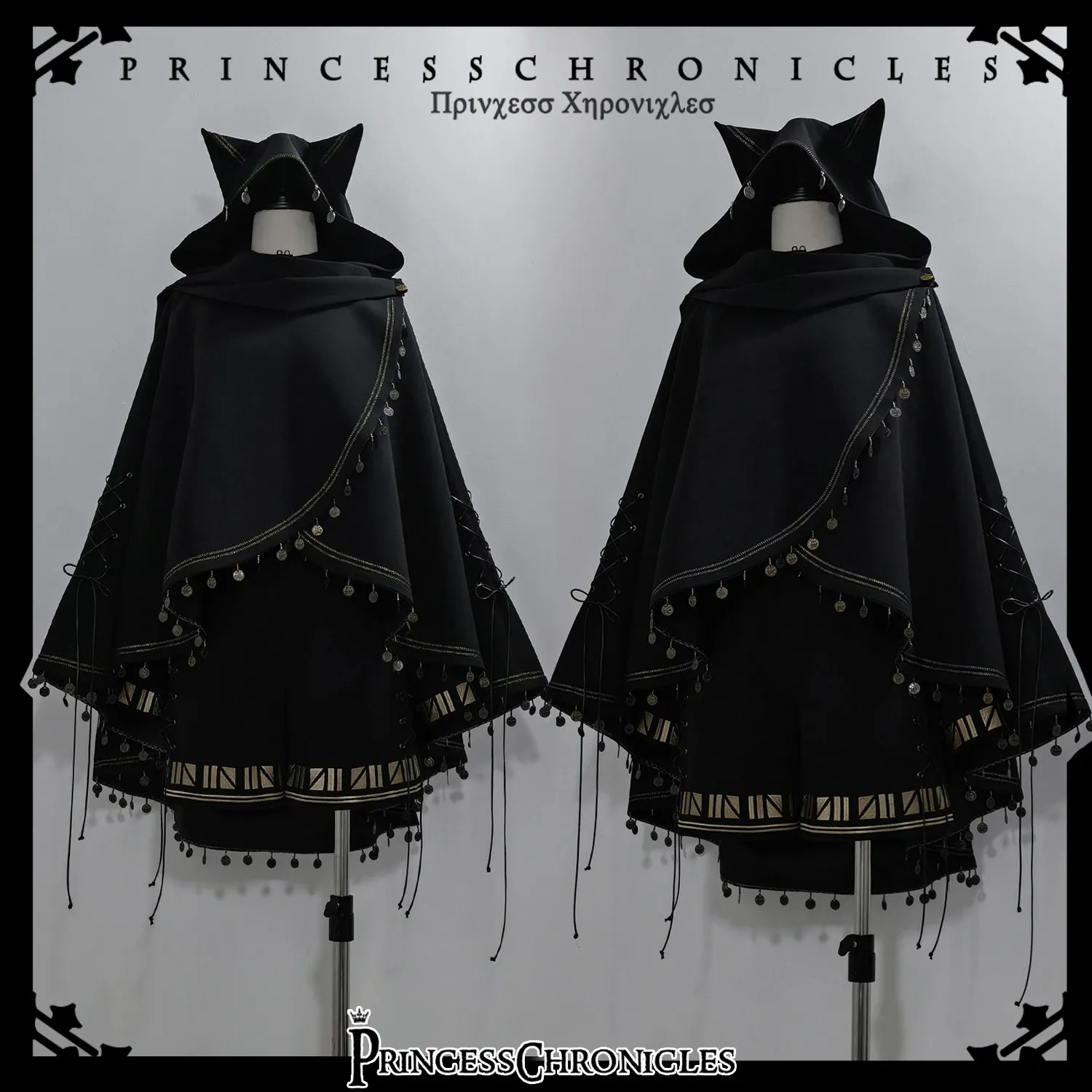 Gothic Lolita Hooded Cape With Cat Ear Decor Tassel Coin Fringed Black Cloak Unisex Spring Autumn Jacket