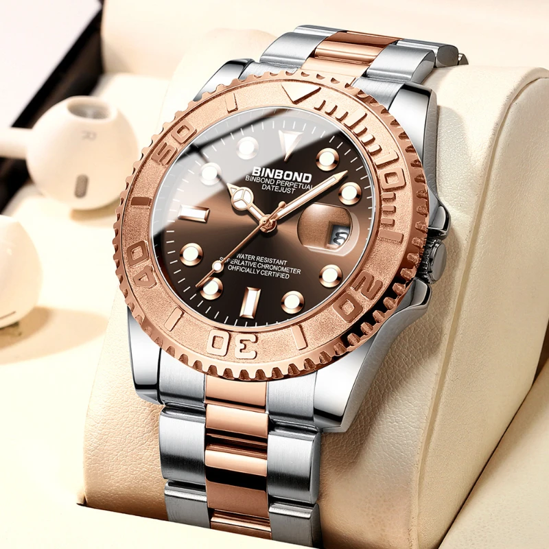 

BINBOND 930 Rose Gold Watches for Men Luminous Waterproof Calendar Sports Steel Belt Watches for Men Reloj Hombre Relógio Pulso