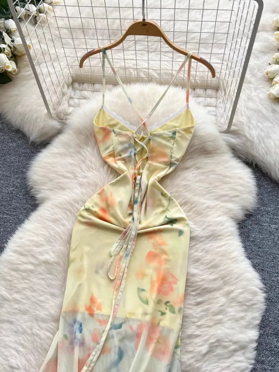 Foamlina elegante encaje Patchwork Floral malla Maxi vestido 2025 novedad de verano puro deseo chica caliente francés dulce encaje Sling vestidos