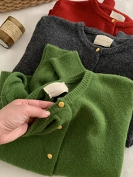 French Elegant Small Gold Button Knitted Cardigan 2024 Autumn/Winter Women's Green Round Neck Sweater Loose All-matched Jacket