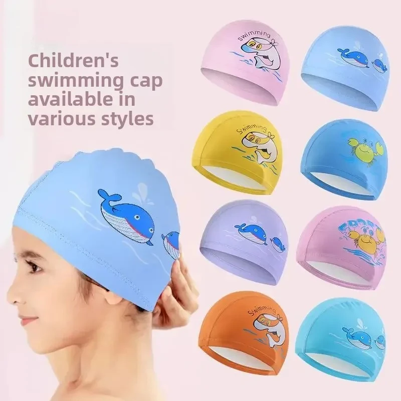 Waterproof Swimming Cap for Boys and Girls Cute Logo Cartoon Design Ear Protection Coated Material Children's Swim Cap