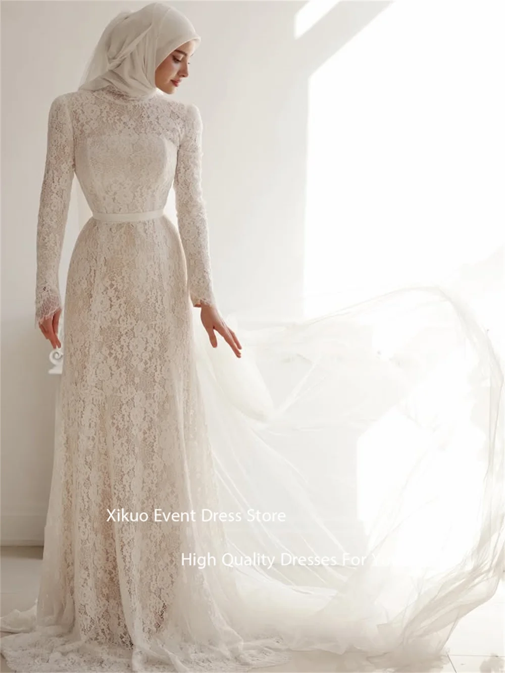 Xikuo – robe De soirée modeste, col haut, manches longues, avec des Appliques, ligne A, robes De soirée en dentelle, personnalisées