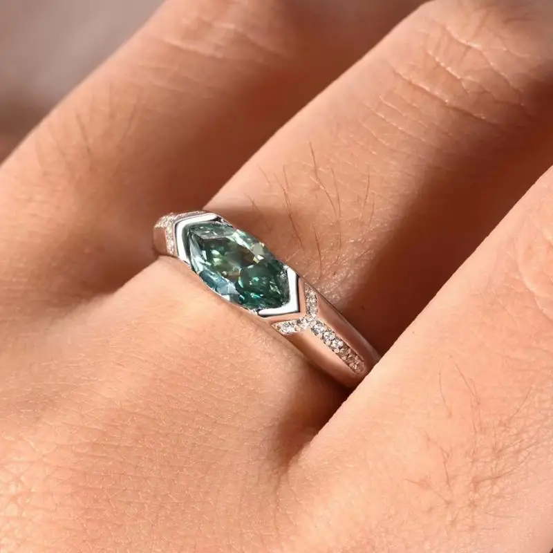 JellyStory Olive Shape Green Ring, S925 Sterling Silver Full Inlaid Moissanite, Light Luxury Natural Inspired Women’s Band