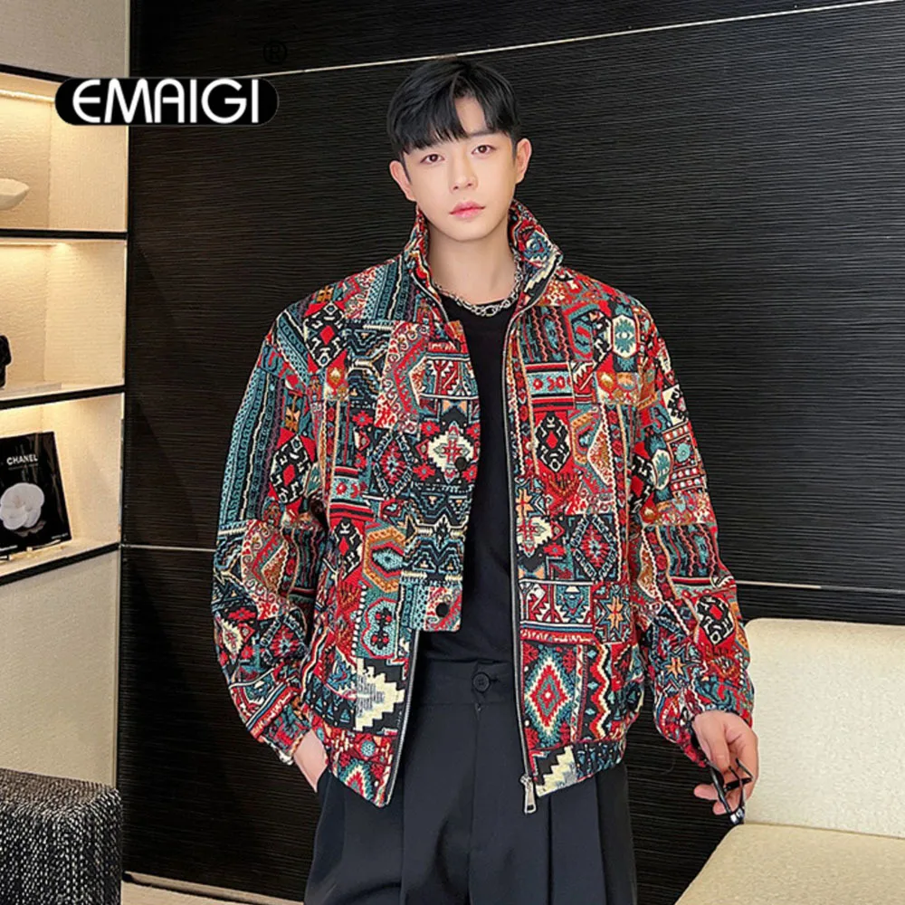 

Men Vintage Pattern Jacquard Loose Casual Short Jackets Korean Streetwear Niche Fashion Coat Male Spring Autumn Jacket Outerwear