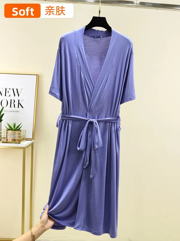 Summer Thin Modal Loose Home Robe Casual plus Size Short Sleeve Bathrobe Pure Color Belted Long Sleepwear Ladies Nightgown