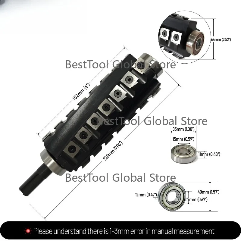 6Inch /152mm Planer Helical Spiral Cutter Head Jet 6” Woodworking Jointer Cutterhead, 152mm Cutting Length with 28Pcs Inserts