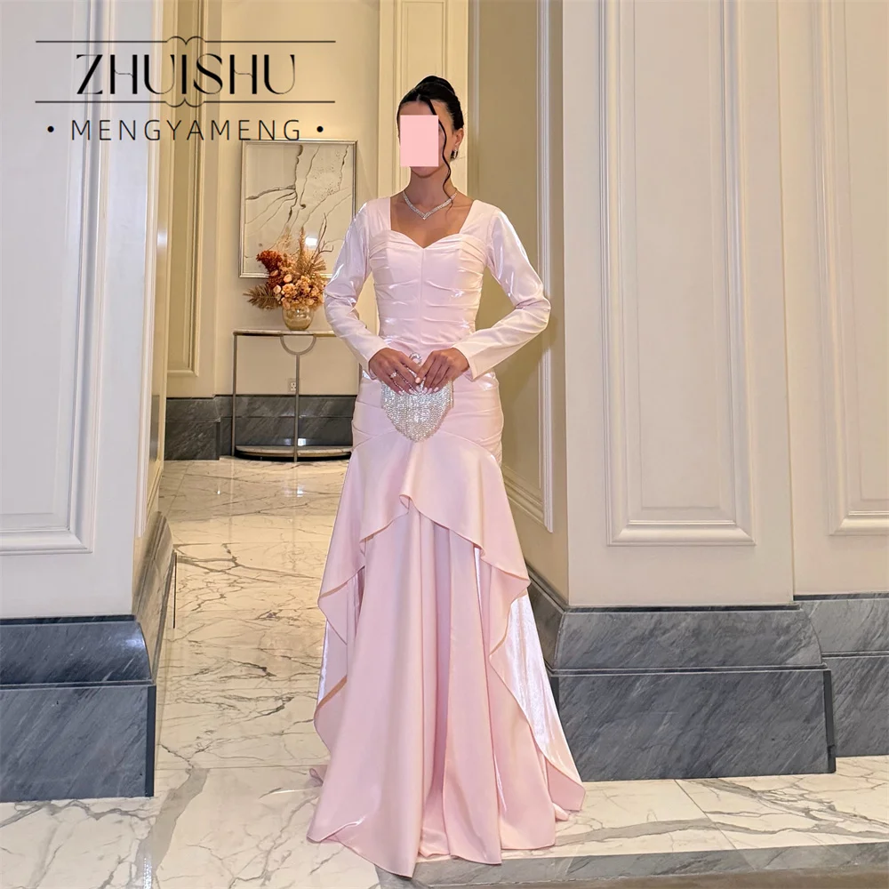 ZHUISHU Pink Modern Evening Dresses Sweetheart Long Sleeves Open Back Pleat Party Gown Women's Formal Party Dresses Customized