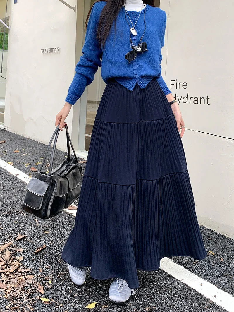 تنورة مخملية عالية الجودة بطيات تنورة نسائية كلاسيكية كبيرة متأرجحة تنورة ماكس للسيدات لخريف وشتاء 2025 تنورة على شكل حرف a للحفلات والعطلات