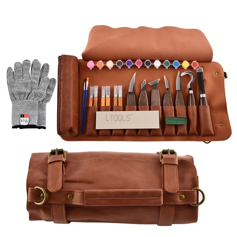 Wood Carving Kit Deluxe Handmade Whittling Knife Set Wooden Carving Tools with Large PU Leather Case  for Beginner Professional