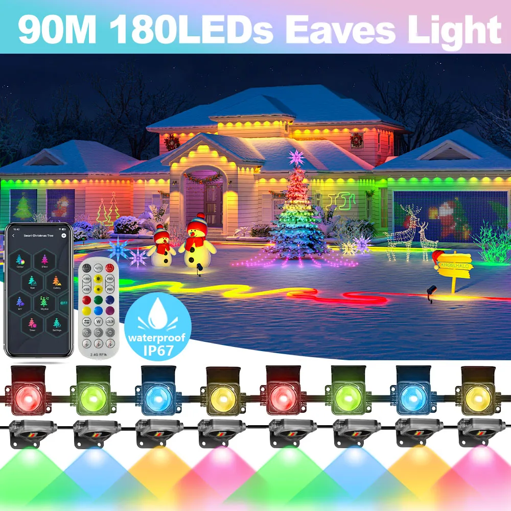 Smart Rainbow LED Permanent Outdoor String Lights Waterproof Eaves Lights With Remote Control For Christmas Decorations