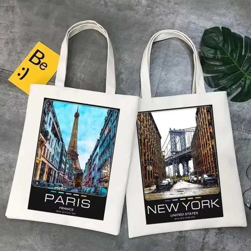 New York Paris London City Shoulder Bags Fashion Tote Handbag Canvas Girl Environmental Large Capacity Portable Shopping Bag