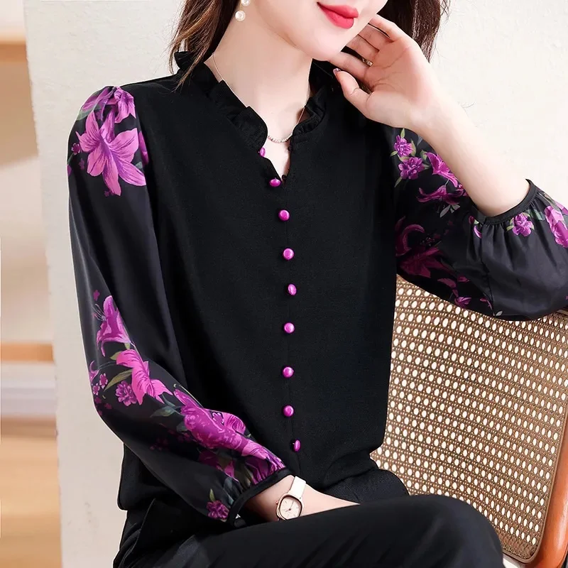 

Fashion chic long sleeved shirt for women spring summer fall new slim printed top high-end western-style shirt Blouse