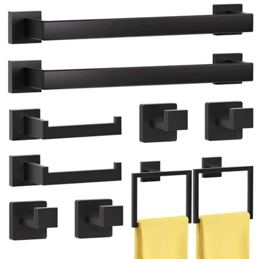 

Bathroom hardware accessories set: matte black, SUS304 stainless steel, heavy-duty square towel bar, 16-inch wall-mounted, 10-p
