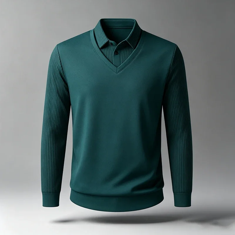 Mens Business Casual Fake Two‑Piece Pullover Shirt Collar V Neck Ribbed Long Sleeve For Travel Shopping And Urban Daily Outfits