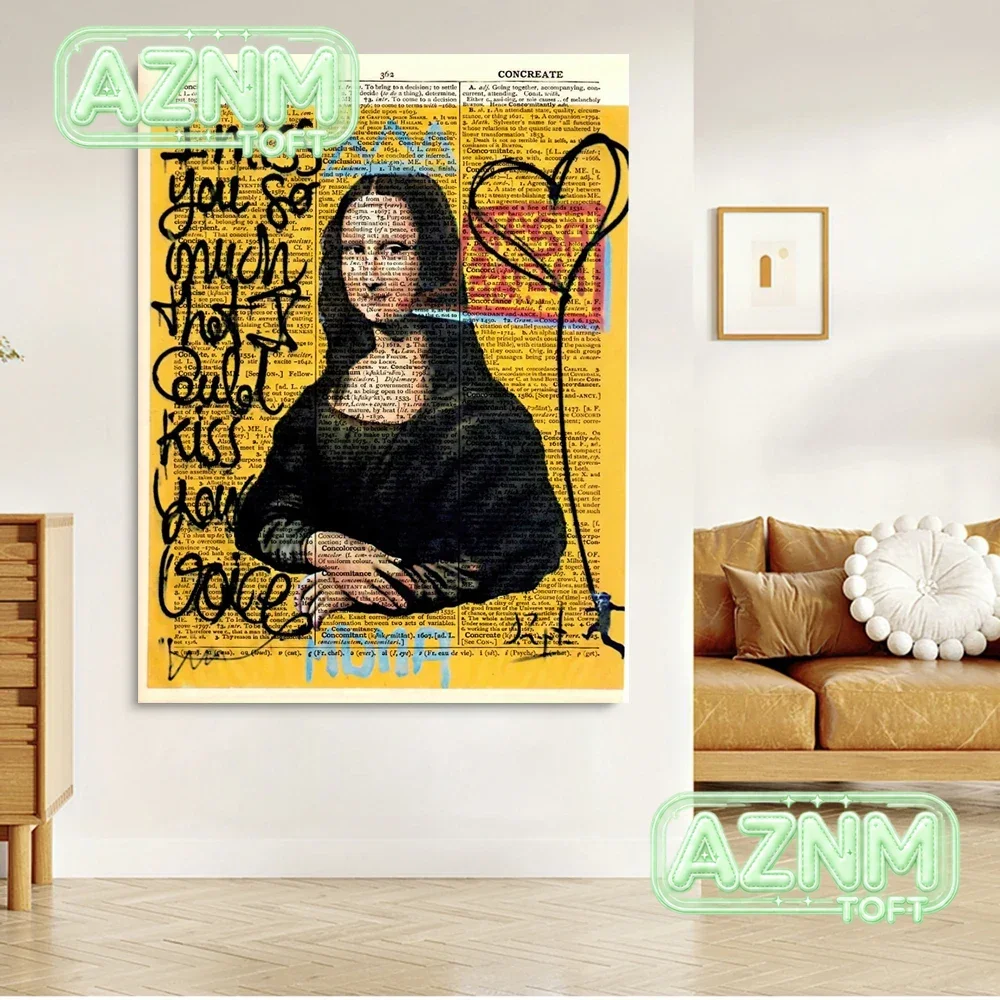 Creative Mona Lisa Graffiti Impressions Wall Art Poster Newspaper Text Home Decor Canvas Painting Murals Pictures Prints Artw