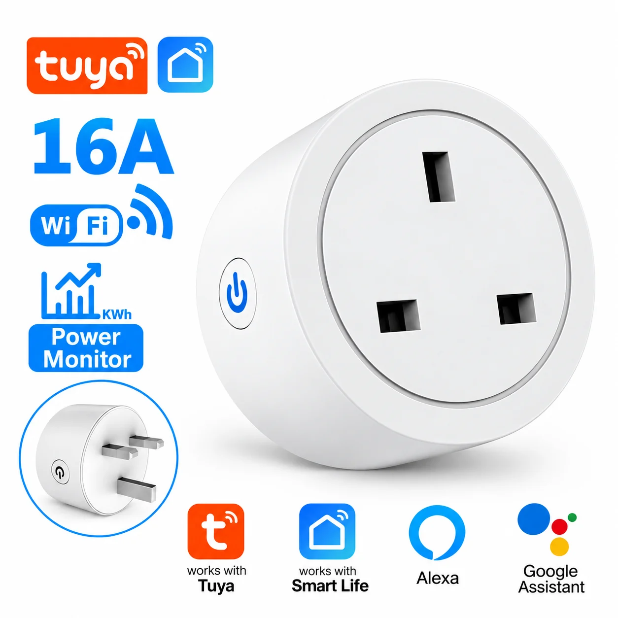Tuya UK Smart Plug, 16A, with Energy Consumption Monitoring, App Connectivity, and Voice Control ，Compatible with Alexa Google