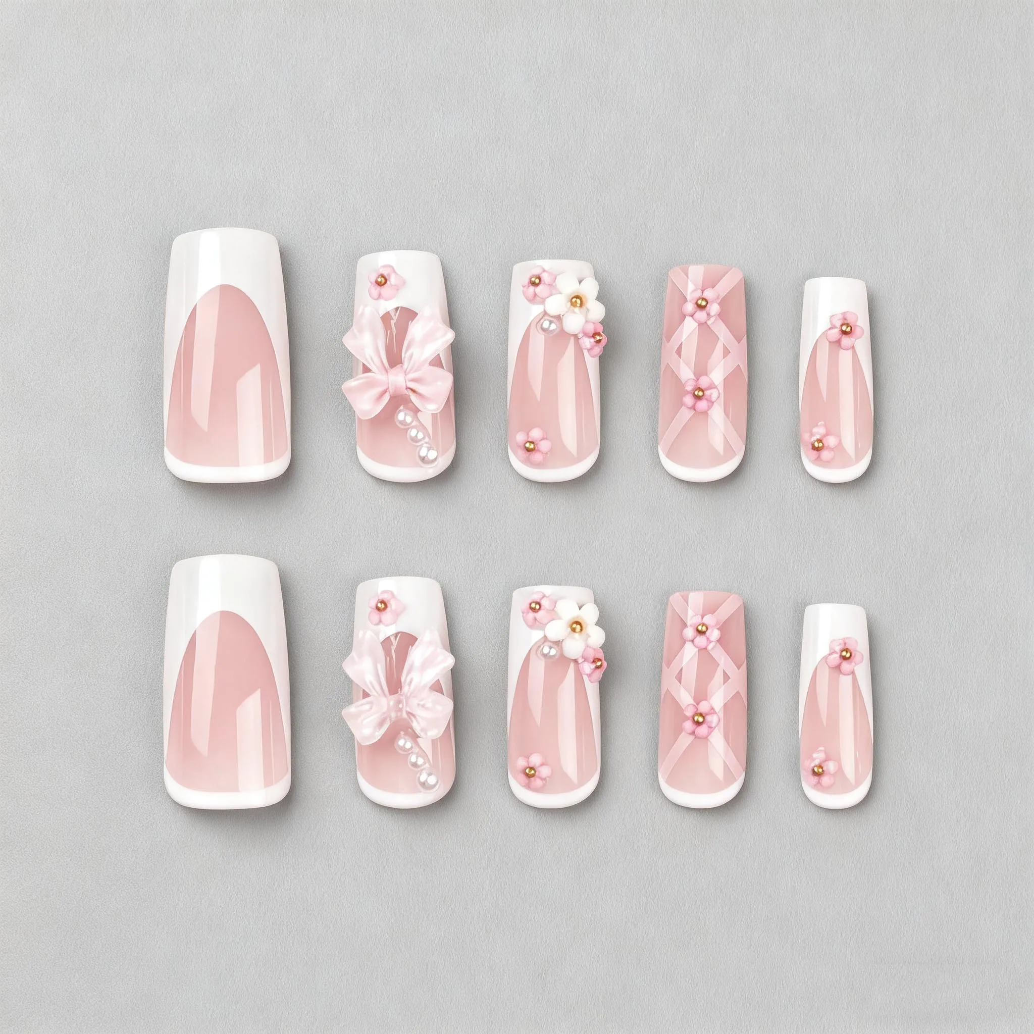 

24PCS Spice Girls Medium Square Fake Nails Simple Black French False Nail with Glue 3D Bowknot with Diamonds Wearable Full Cover