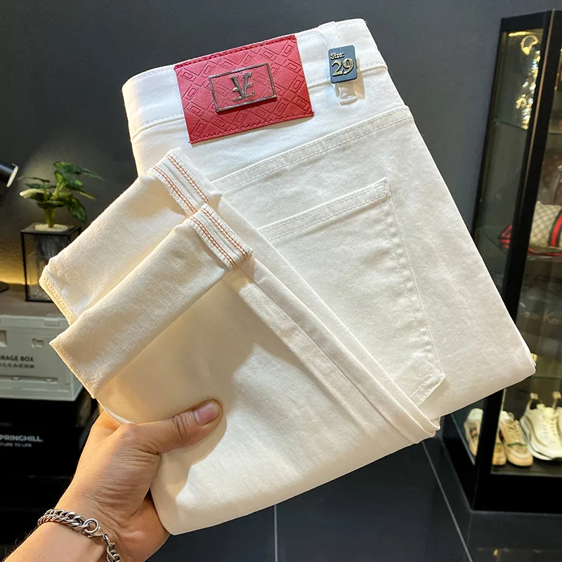 Summer slim fit jeans for men, casual, simple, versatile, fashionable, classic, solid color, elastic denim pants