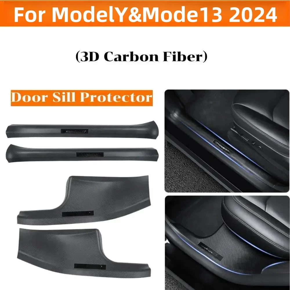 

For Tesla Model Y&3 2024 Door Sill Protector Carbon Fiber Front and Rear Door Car Sill Guards Pedal Kick Protection Strip Cover