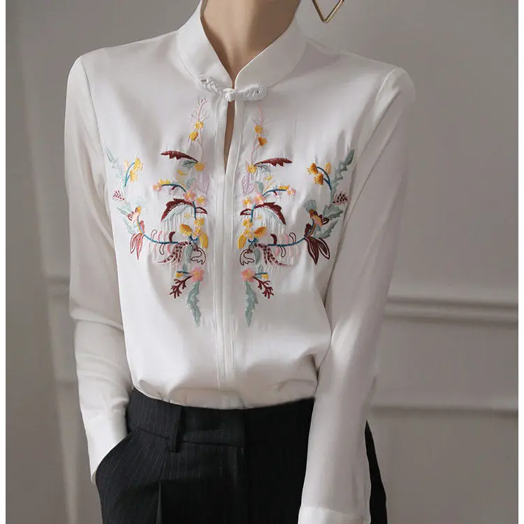 French Simulation Silk Shirt with a Female Design Sense Niche Chinese Style Heavy Industry Embroidery Commuting Retro Chinese