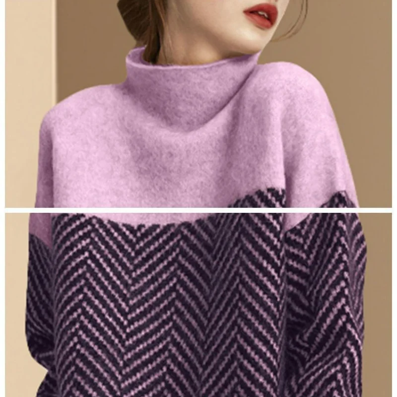 Korean Clothing Fashion Women Autumn Winter Sweater Contrast Striped Casual Loose Long Sleeve Half Turtleneck Knitted Pullovers