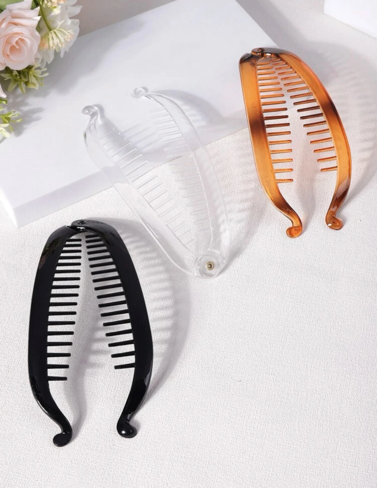 3 Stück Damen Schwarz Klar Schildpatt Ombre Bananenklammer Haarklammern Pferdeschwanz Haarspange – Detail 5