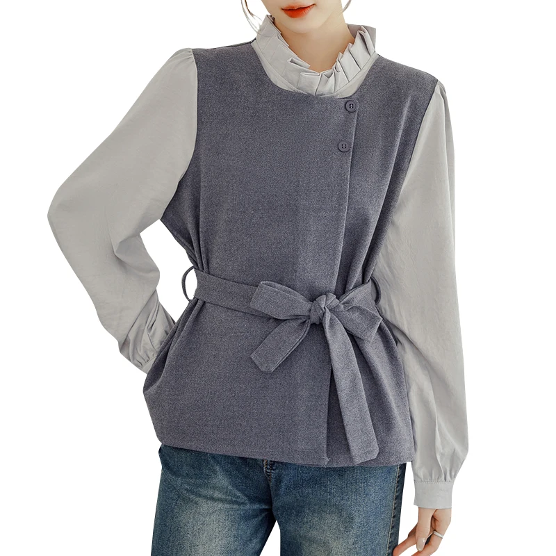 Elegant Fashion Ruffles Collar Women Blouse Contrasting Color Fake Two-Piece Shirt Slim Long Sleeve Office Lady Casual Tops