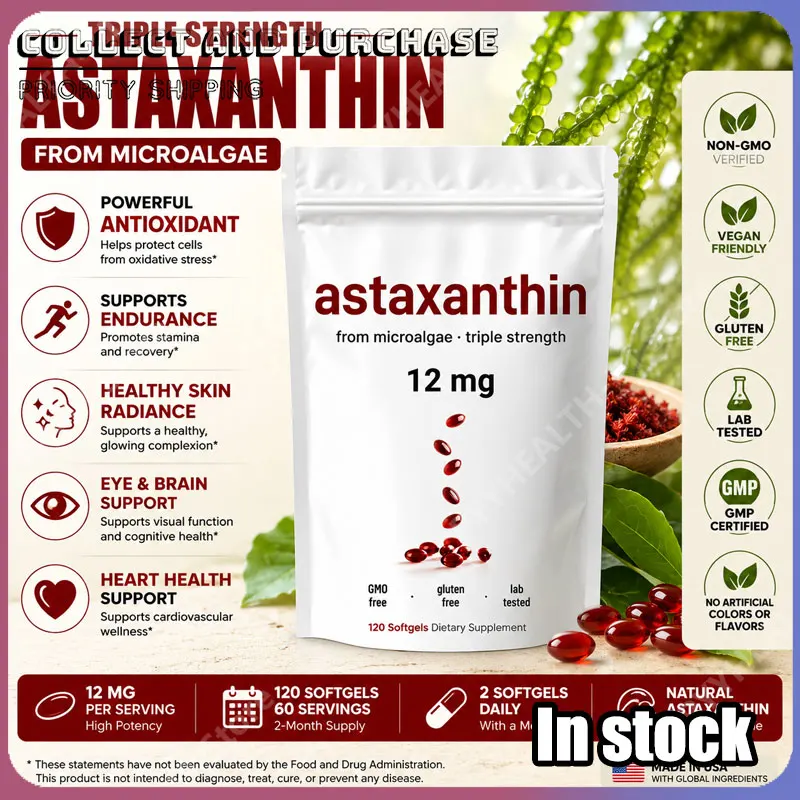 

Astaxanthin 12mg Softgels with MCT Oil From Plant-Based Fresh Microalgae Dietary Supplement