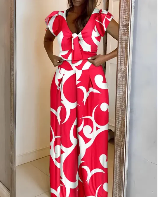

Elegant Women's 2-Piece Color Block Printed V-Neck Tulip Sleeve Lace Up Crop Top and Casual High Waisted Wide Leg Pants Set