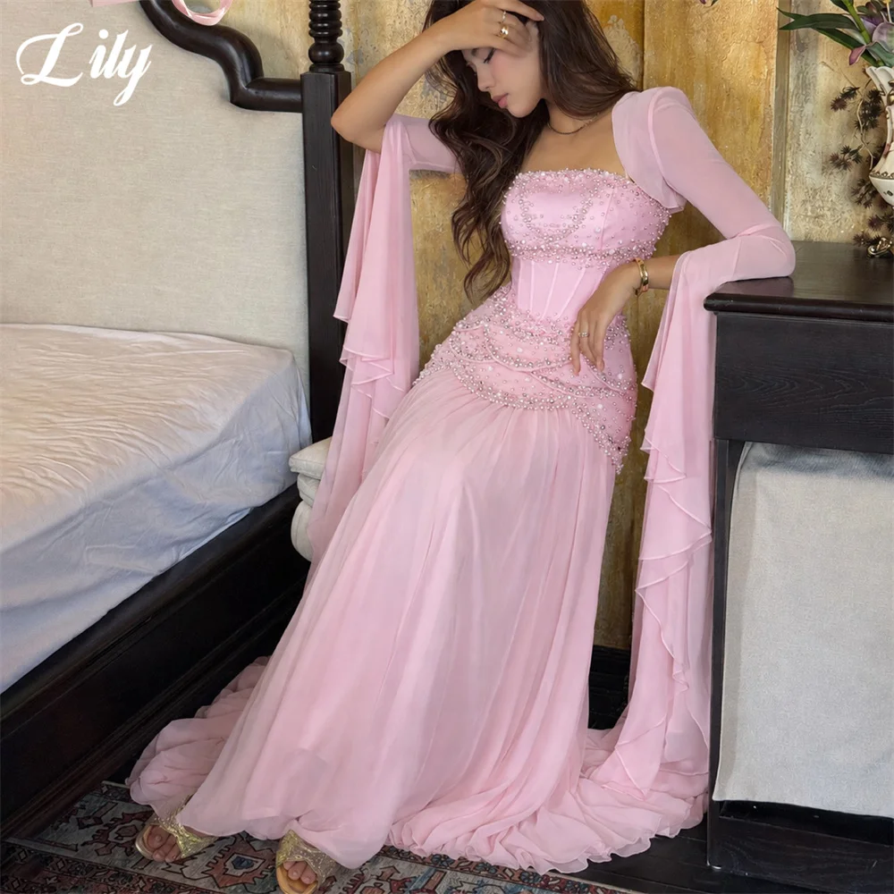 Lily Pink Chiffon 프롬 드레스 A Line Evening Dress with Pearls Beaded Bodice Party Dress Cape Sleeve Formal Gown for Woman Customized