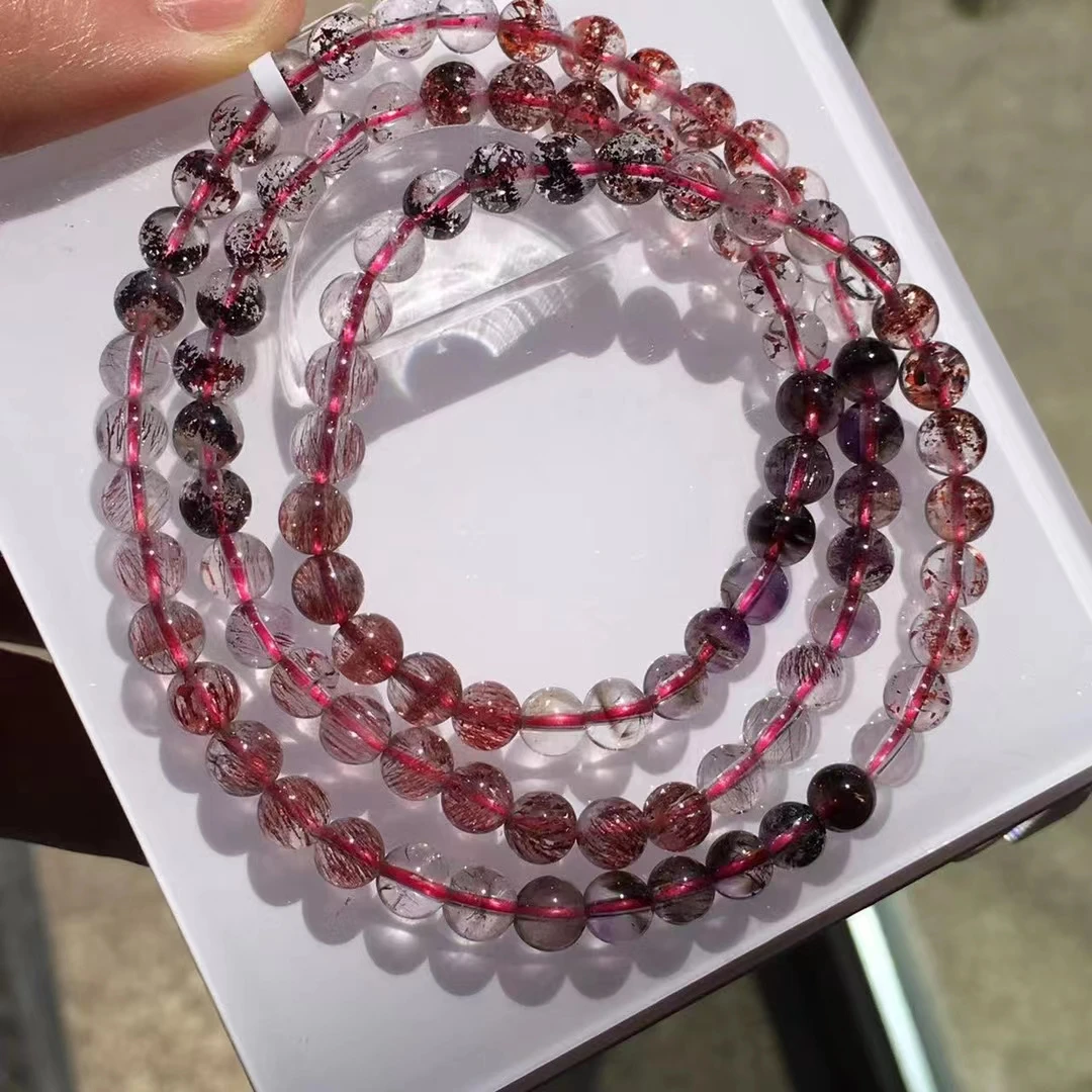 Natural Super 7 Seven Red Lepidocrocite Quartz 3 Laps Bracelet Jewelry 5.6mm Woman Men Rutilated Quartz Clear Beads AAAAAAA