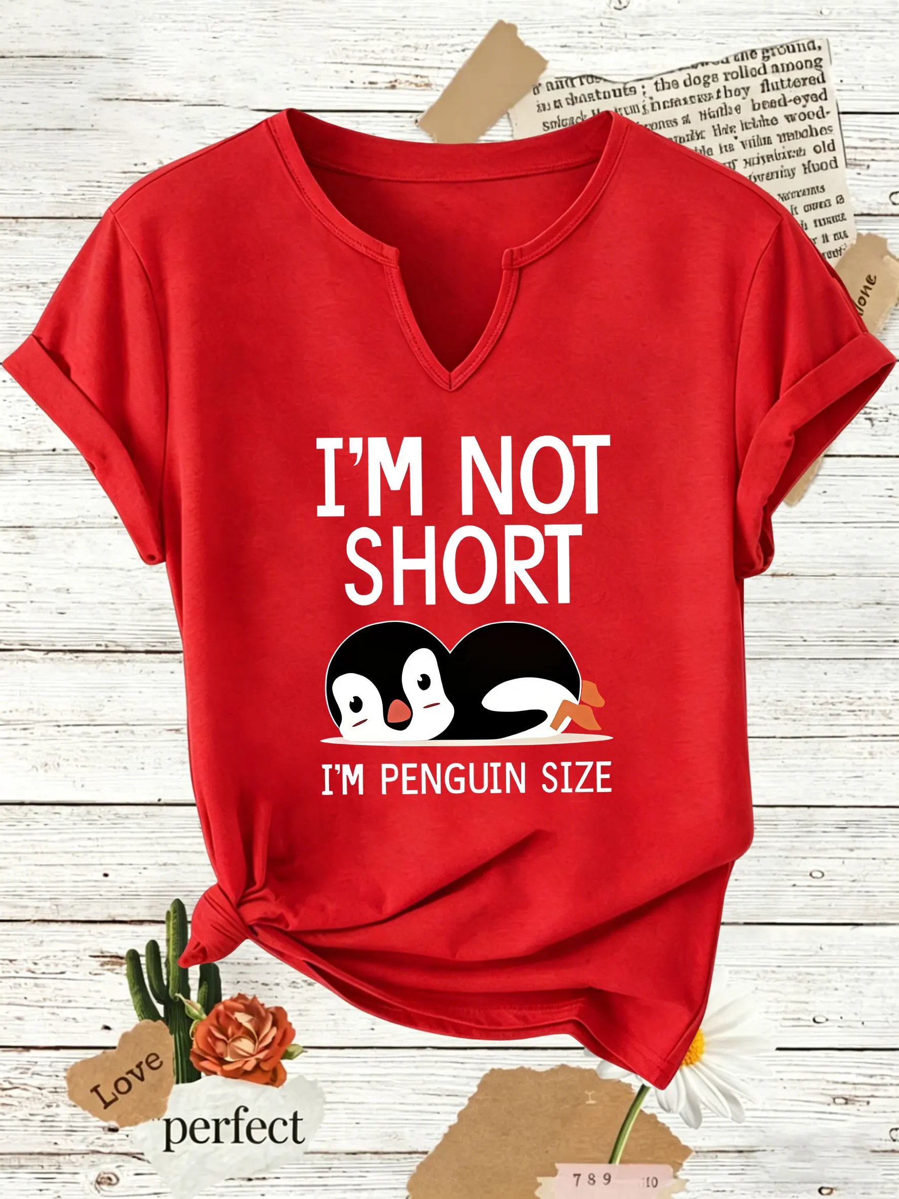 Women Summer V Neck Short Sleeve T Shirt, Funny I'm Not Short I'm Penguin Size Cartoon Penguin Print, Casual Tee for Women