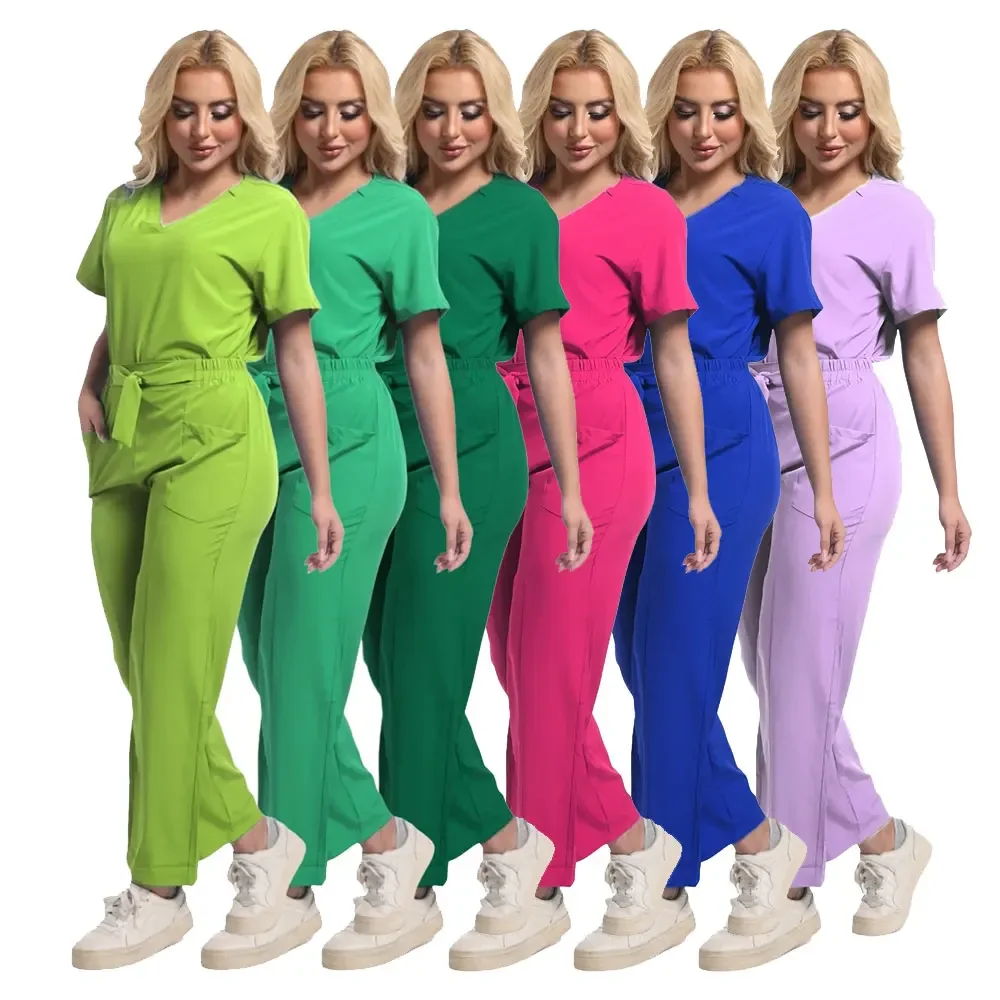 Veelkleurige Scrubs Uniform Korte Mouw Tops + Broek Vrouwen Verpleging Uniform Dierenwinkel Arts Scrub Medische Chirurgie Werkkleding Scrub Set