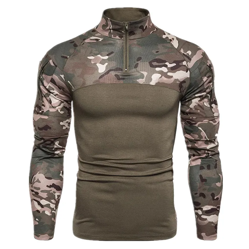 Men Outdoor Elastic Fitness Camo Patchwork Long Sleeve T Shirt Y2K Mens Zip Up Pocket Gym Tactical T Shirts Ropa Hombre Camiseta