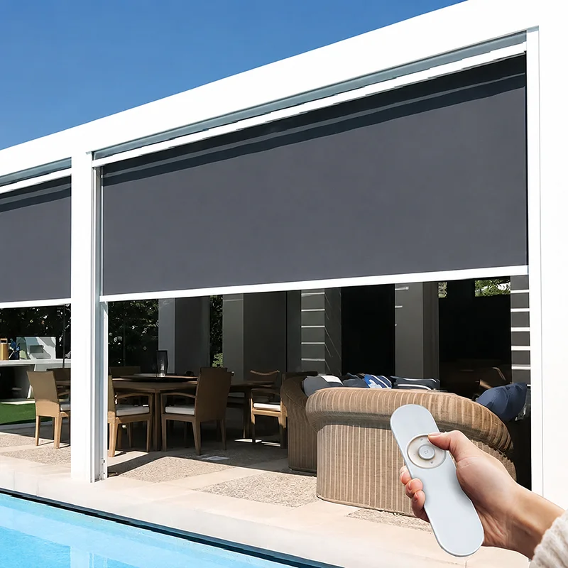 Roller Blinds Remote Motorized Shade Balcony Patio Garden Outdoor Blinds Waterproof Zip Track Adjustable Coverings Roller Blinds