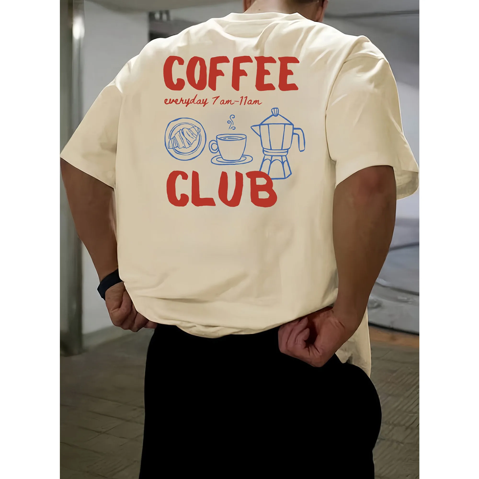 Herren-Freizeit-T-Shirt mit Coffee Club-Aufdruck, 100 % reine Baumwolle, kurzärmeliges Hemd, geeignet für den täglichen Pendelsport