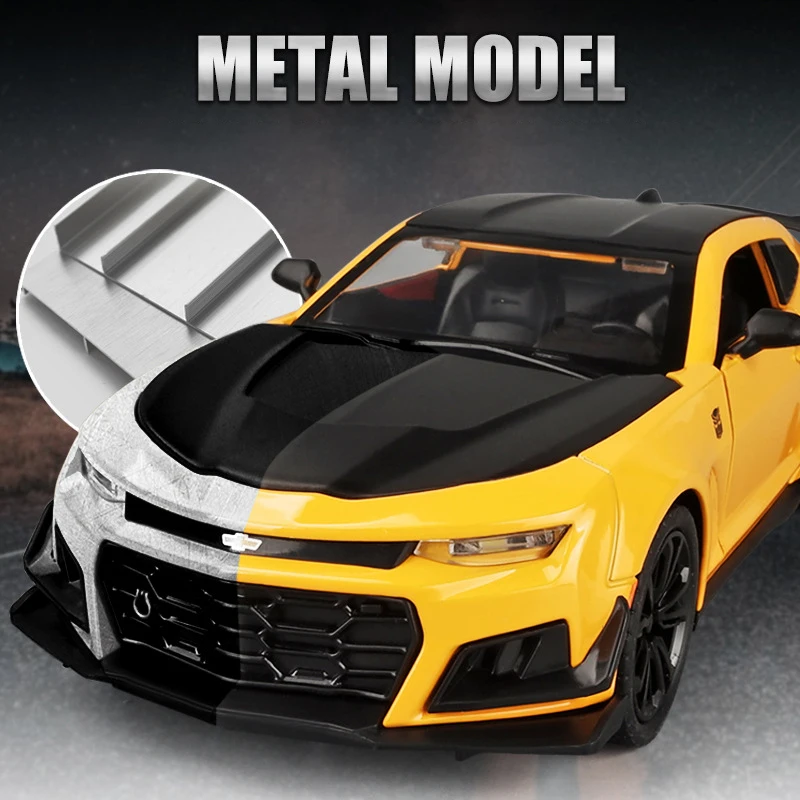 1:24 Chevrolet Camaro Bumblebee Alloy Miniature Car Diecast Metal Scale Model Vehicles Sound&Light Collection Children Toy Gifts