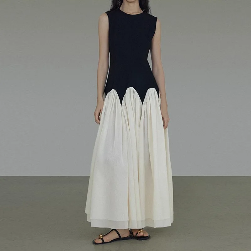 

High Quality O Neck Sleeveless Patchwork Dresses Spring Women Fake Two Pieces Slim Dress New Summer High Waist Knee Length Dress