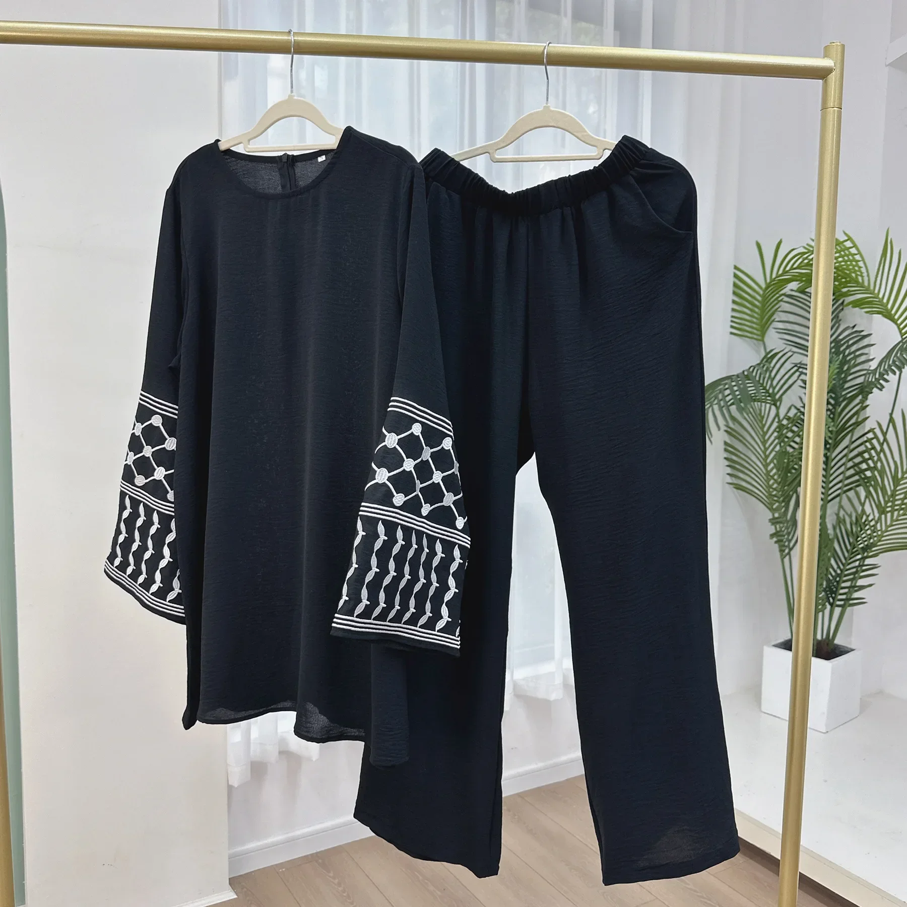 Ramadan muçulmano 2 peça conjunto feminino topos calças de perna larga terno bordado marrocos árabe roupas dubai islam calças casuais conjunto