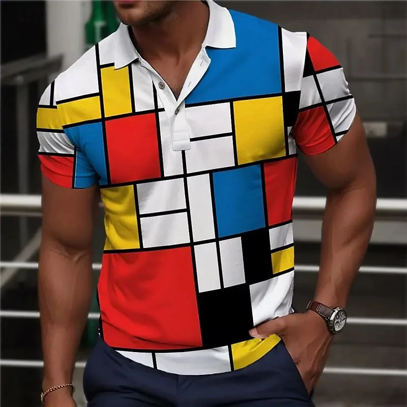 Color Block Patchwork Printed Polo Shirt For Men Summer Casual Short Sleeve Men\'s Polo T-Shirt Top Oversized Golf Sweatshirt