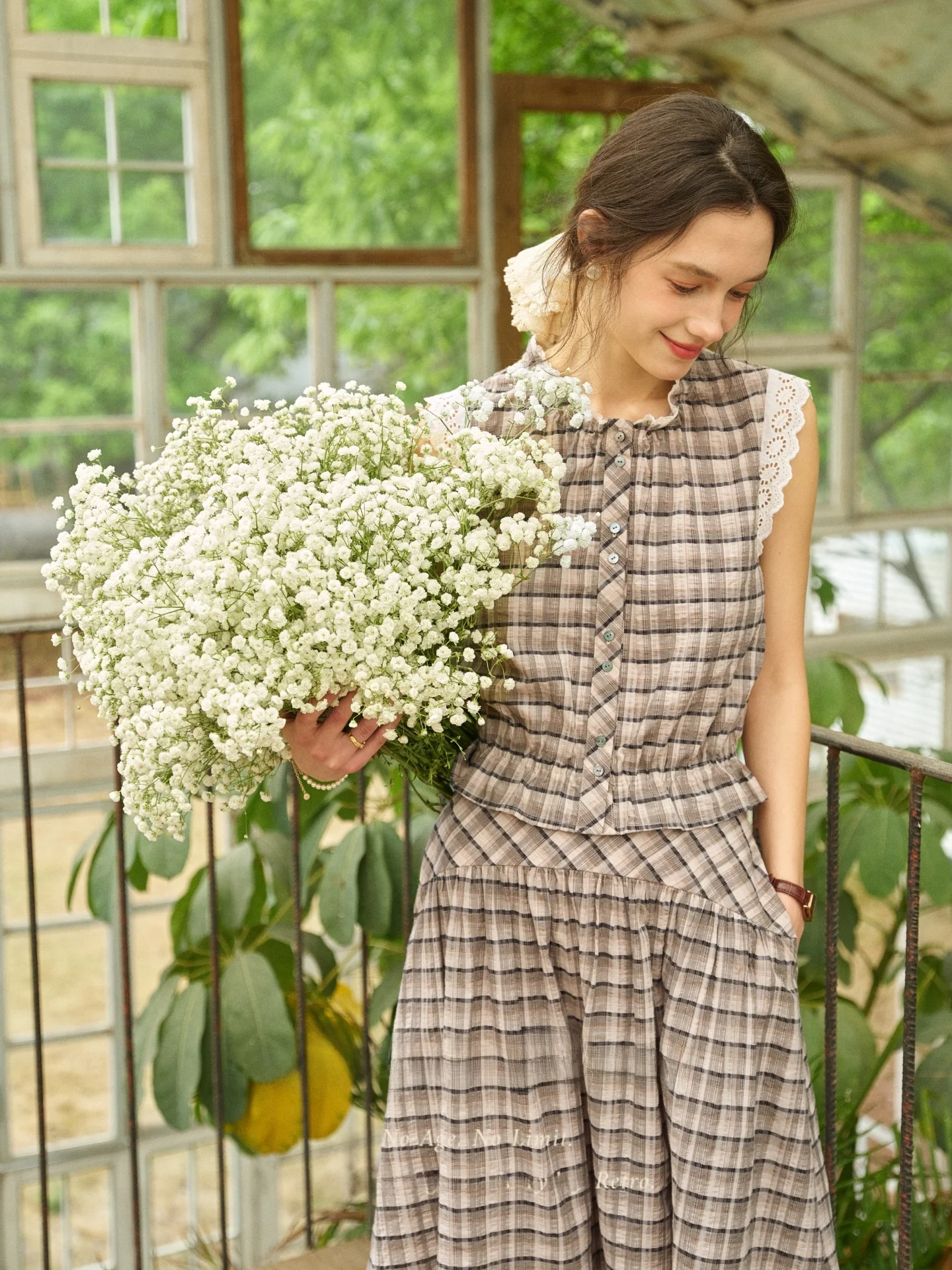 

SimpleRetro Senergeyun Retro Cotton Lace Trim Short Shirt Skirt Set Women's Fashion Spring Outfit High Waist Plaid Pattern